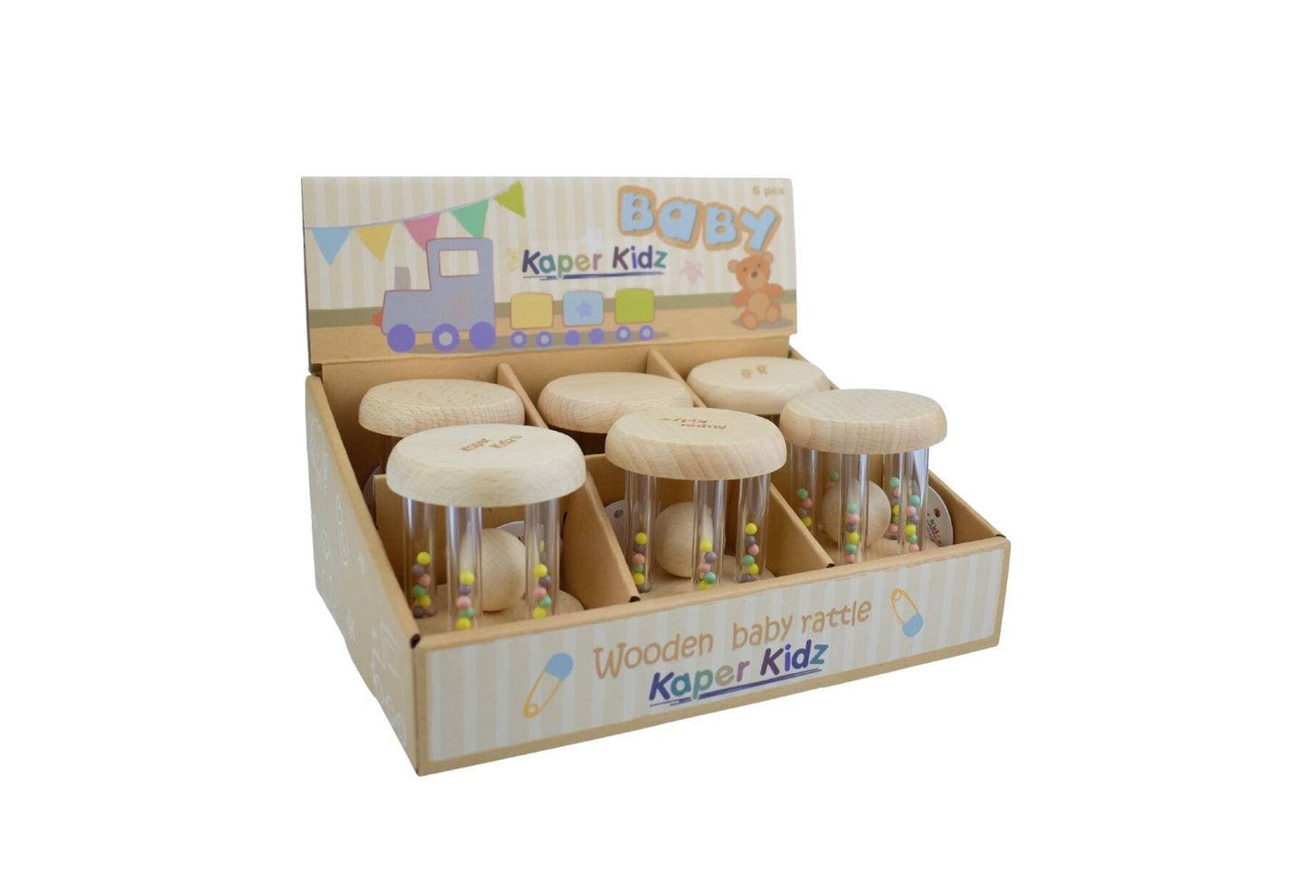 CALM & BREEZY WOODEN RATTLE WITH RAINBOW BEAD