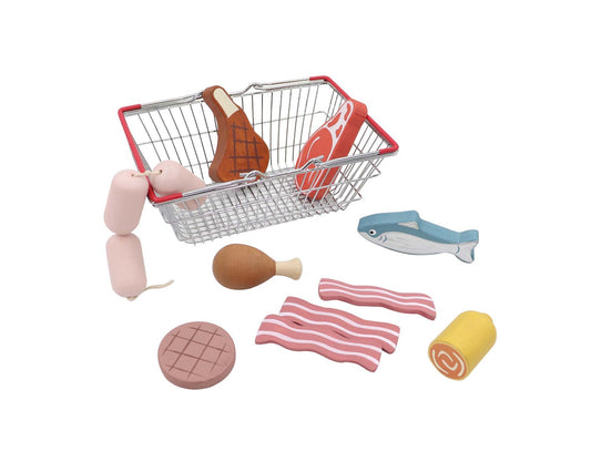 WOODEN MEAT & FISH PLAYSET WITH METAL BASKET