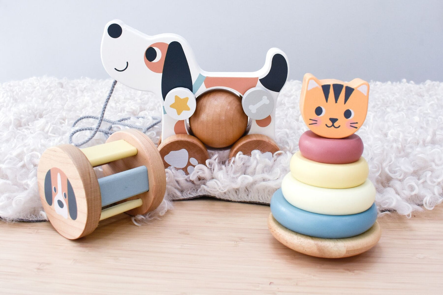 3 IN 1 WOODEN BABY RATTLE GIFT SET - CAT & PUPPY DOG