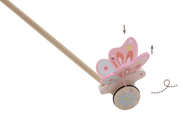 Wooden butterfly push toy by Kaper Kidz, with colorful painted wings and a sturdy wooden handle for young children to push and pull.
