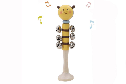 Wooden Bee Bell Stick by Kaper Kidz featuring a cute bee design and a small bell, perfect for kids' musical play and sensory activities.