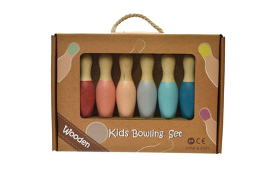 Kaper Kidz wooden bowling set with colorful pins and ball, designed for kids' indoor play and fun.