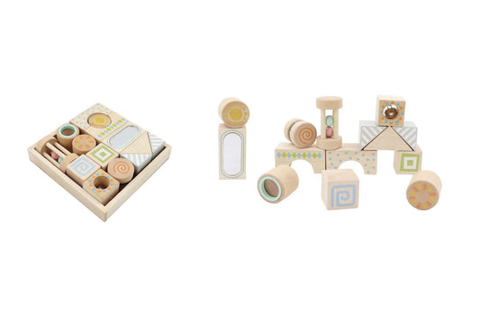 Kaper Kidz Calm & Breezy Multifunction Blocks, colorful foam building blocks for children, stacked and arranged in various shapes.