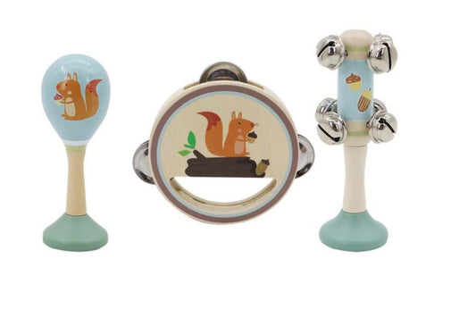 Kaper Kidz Calm & Breezy Squirrel Wooden Musical Set with three colorful, animal-shaped musical instruments for children.