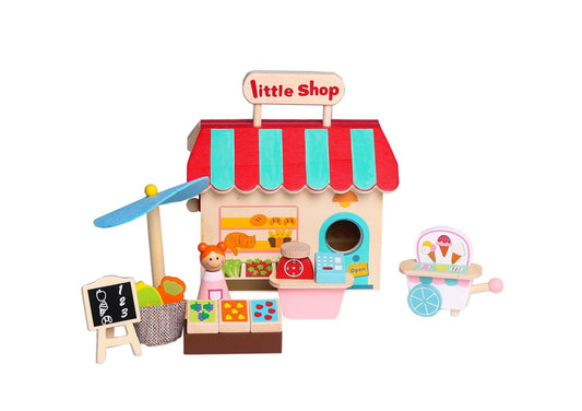 Kaper Kidz grocery store playset with a carry house, featuring colorful shelves, food items, and shopping accessories for kids.