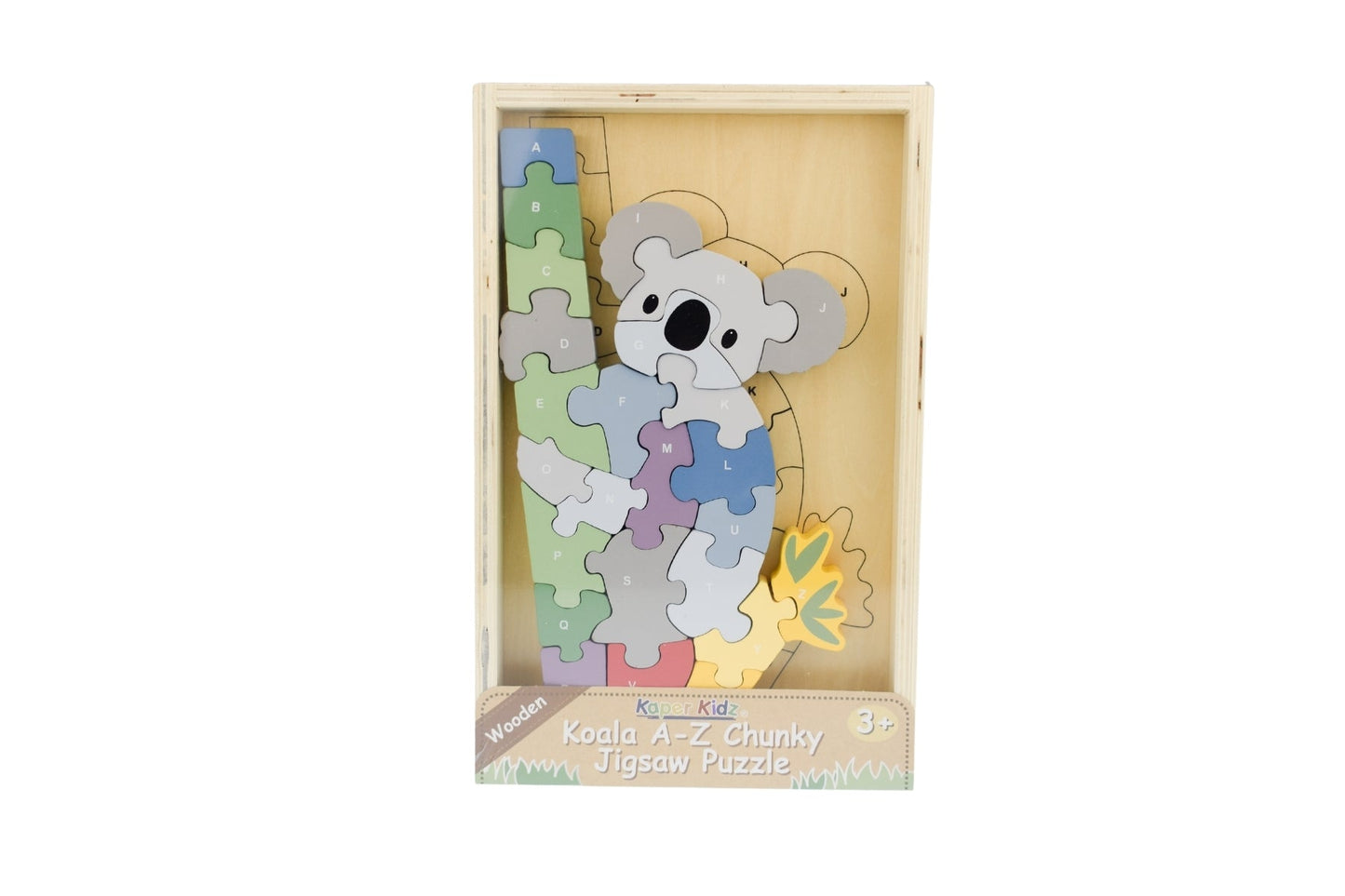 Kaper Kidz Koala A-Z chunky jigsaw puzzle with colorful alphabet pieces for children, featuring a cute koala illustration.