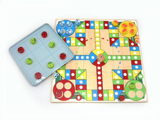 Kaper Kidz Ludo and Tic Tac Toe tin box game with colorful game boards and pieces inside.
