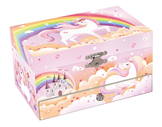 Kaper Kidz Rainbow Unicorn Heirloom Music Box with colorful rainbow and unicorn design, featuring intricate craftsmanship.