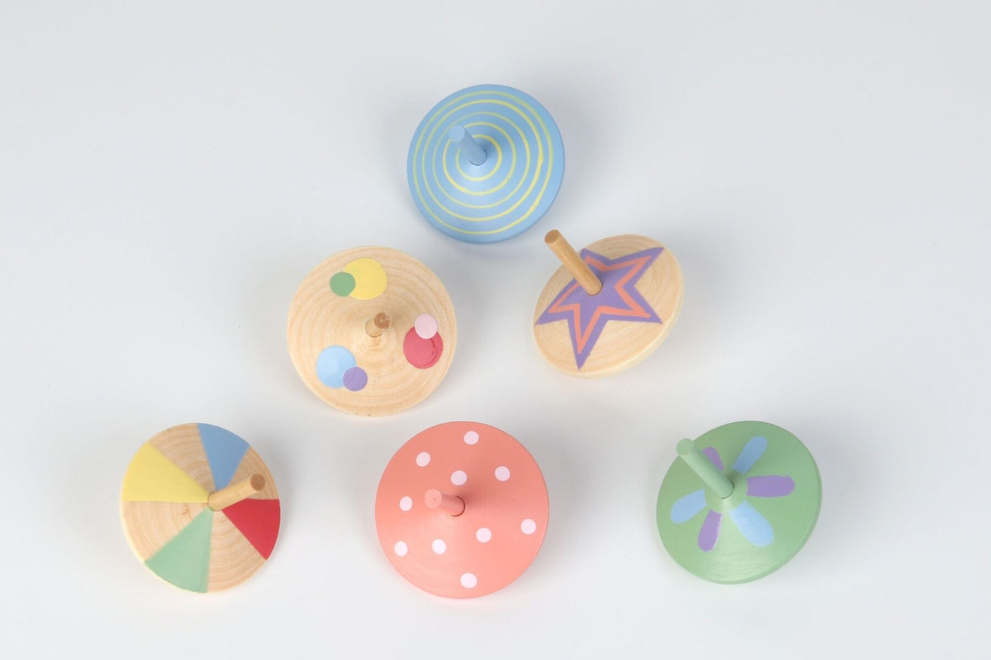 Six colorful Kaper Kidz Sundae Spinning Tops arranged in a pack, designed for kids' fun and play.