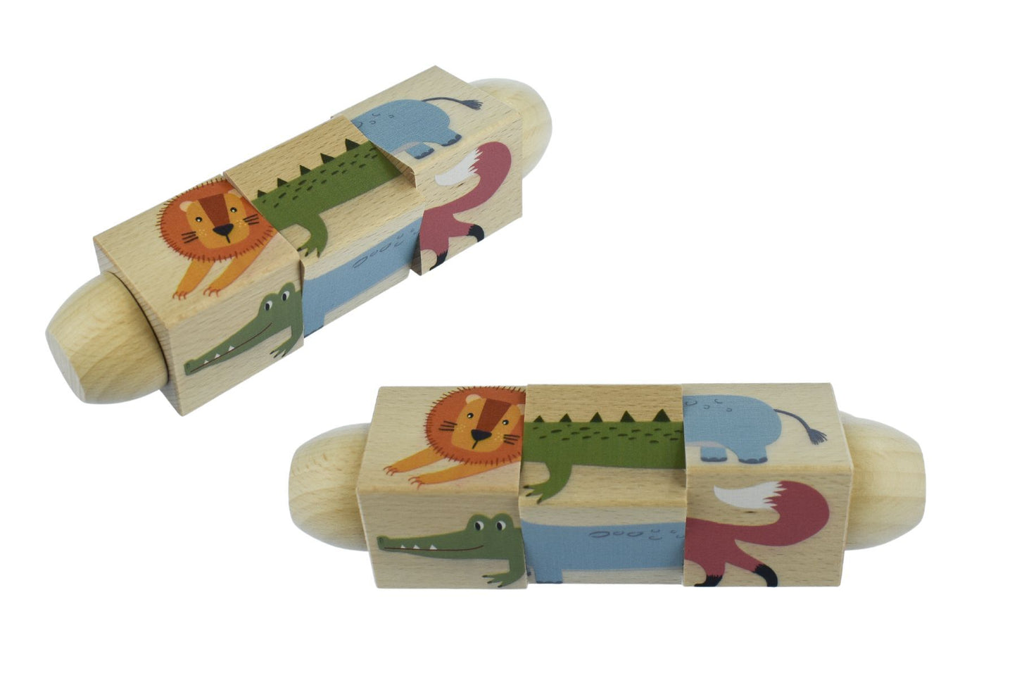 Wooden Twist Puzzle Block featuring jungle animal shapes by Kaper Kidz, colorful and educational wooden toy for kids.