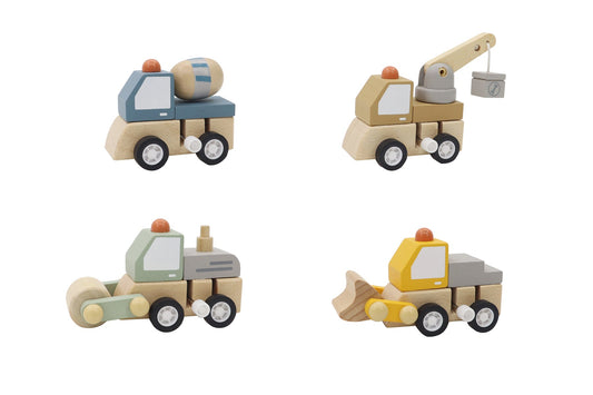 WOODEN WIND UP CONSTRUCTION TRUCK SET OF 4 - Bamboo Sprout