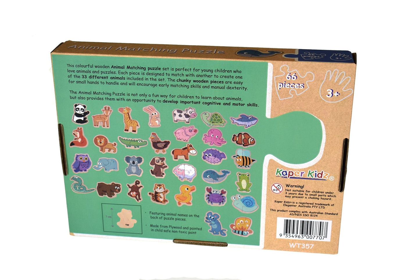Kaper Kidz Animal Matching Puzzle with 66 pieces, 2-piece peg and tray game for kids showing colorful animal images and puzzle pieces.