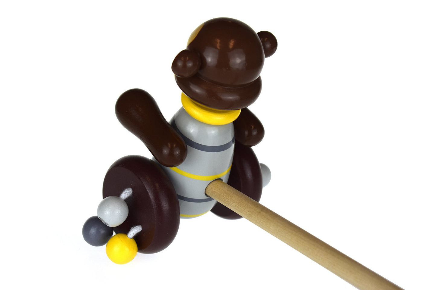 Kaper Kidz push-a-long monkey toy with a colorful wooden body and string for pulling, suitable for young children.