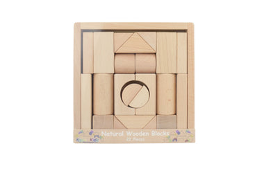Set of 22 natural wooden blocks from Tooky Toy by Kaper Kidz, arranged for stacking and creative play.