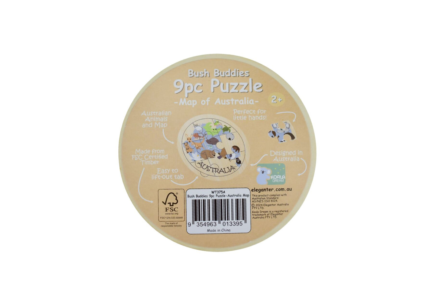 Wooden 9-piece Australian animal map jigsaw puzzle by Koala Dream, featuring colorful animal illustrations on a wooden background.