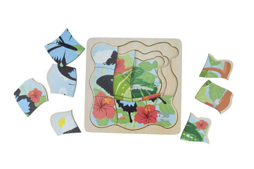 Ulysses Butterfly Life Cycle Layer Puzzle by Koala Dream, featuring colorful layers illustrating the butterfly's development stages.