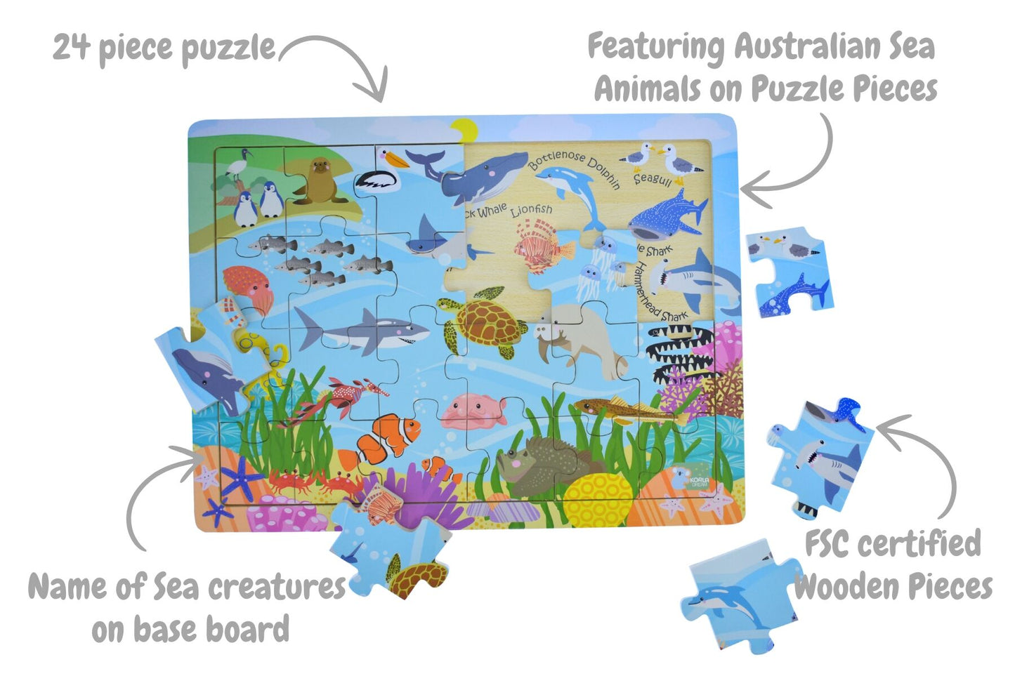 24PC JIGSAW PUZZLE AUSSIE SEA ANIMALS AND THEIR NAMES - Bamboo Sprout