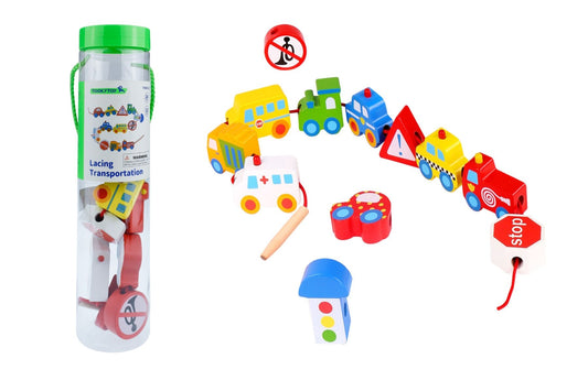 Tooky Toy lacing transportation toy featuring colorful wooden cars and vehicles for kids' fine motor skills development.