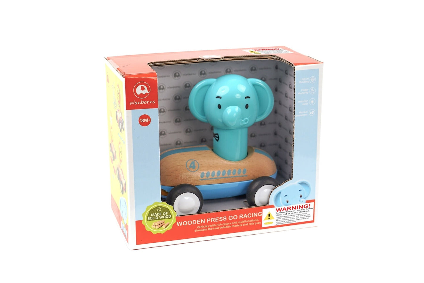 Wanborns Press Go Racer Elephant toy with sound and light features, made of wood, designed for young children.