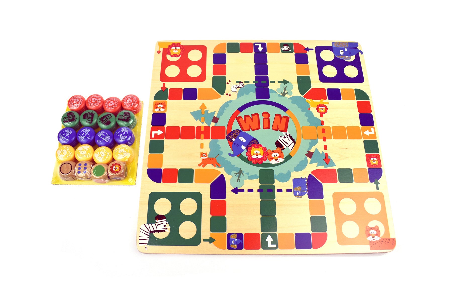 Illustration of an animal-themed Ludo board game featuring vibrant colors and strategic gameplay elements