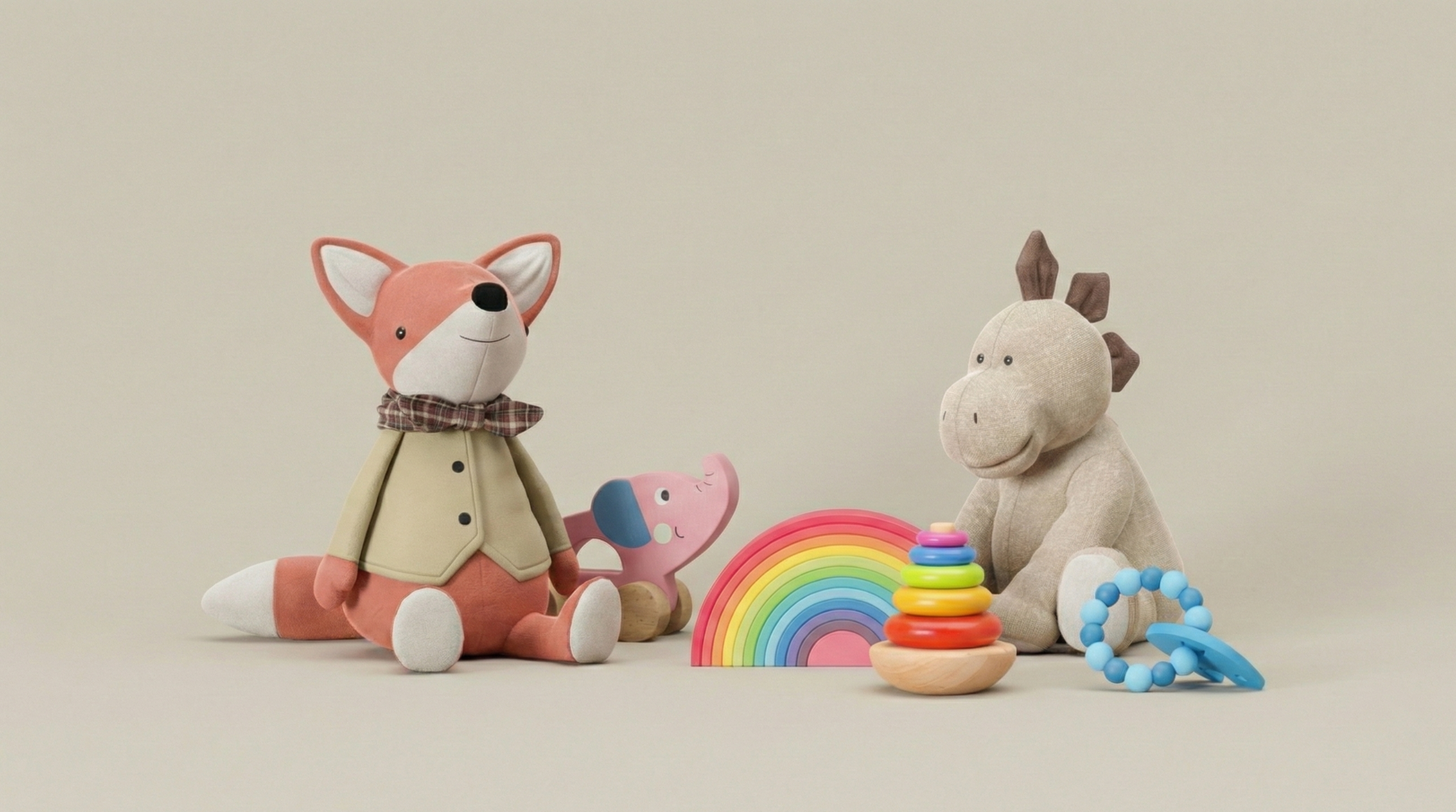 Stuffed fox, unicorn, and other toys on a beige background