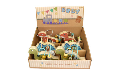 WOODEN DINOSAUR BEAD MAZE ON WHEEL BLUE