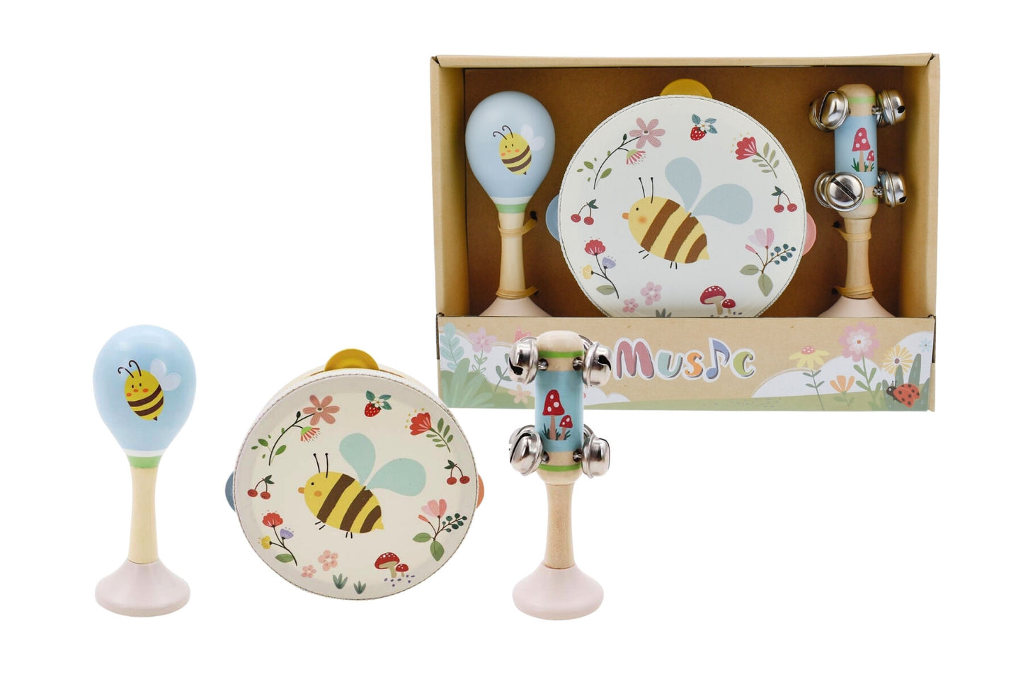 WOODEN SPRING INSECT BEE MUSIC 3 PC SET