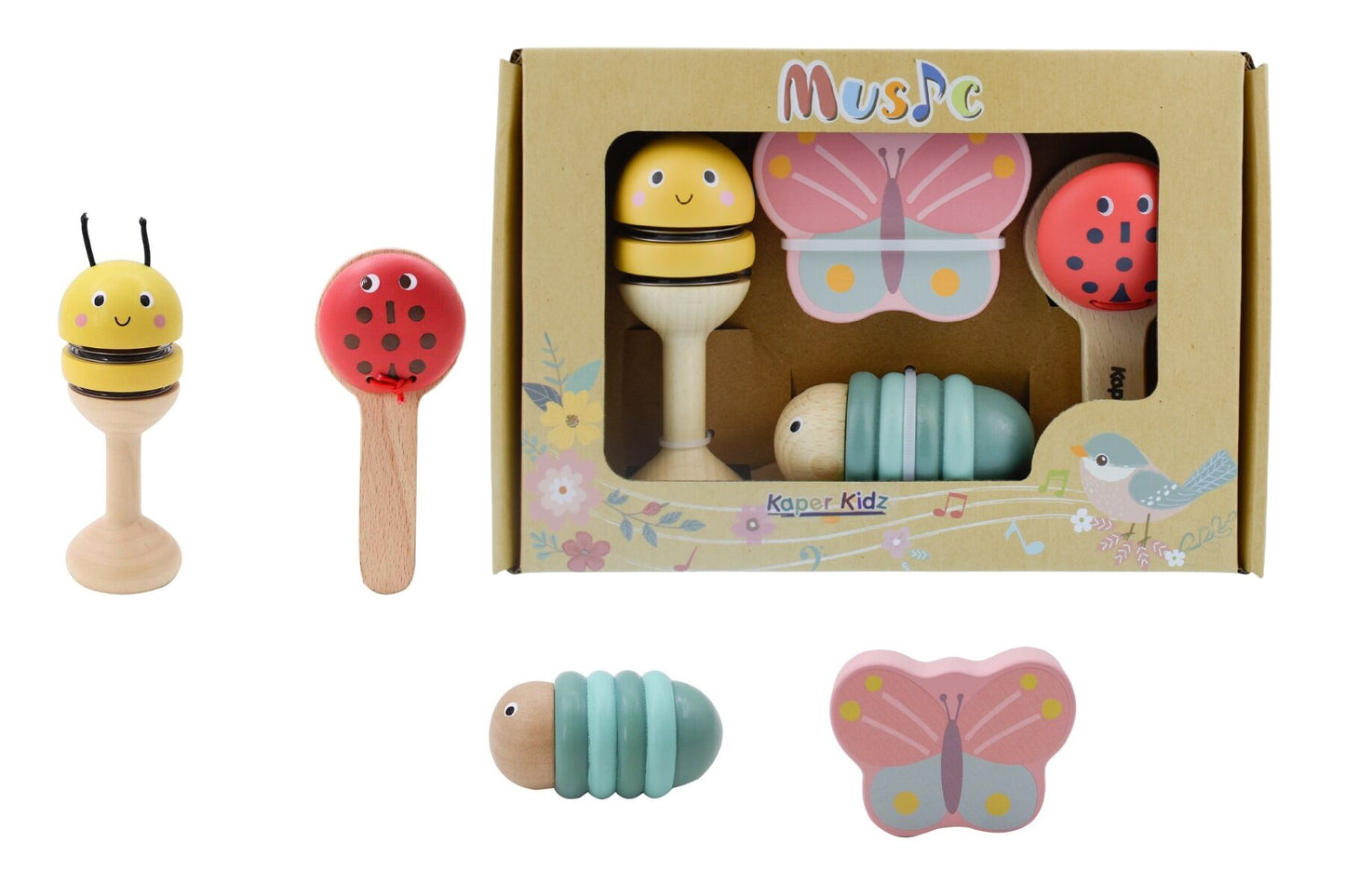 WOODEN SPRING INSECT MUSIC SET 4 PC