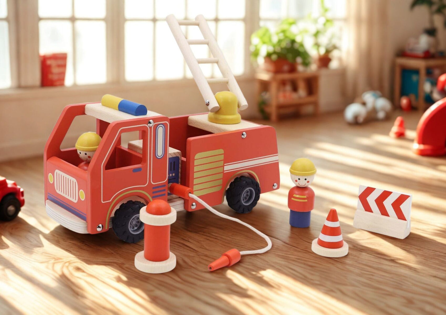 WOODEN FIRE ENGINE PLAYSET