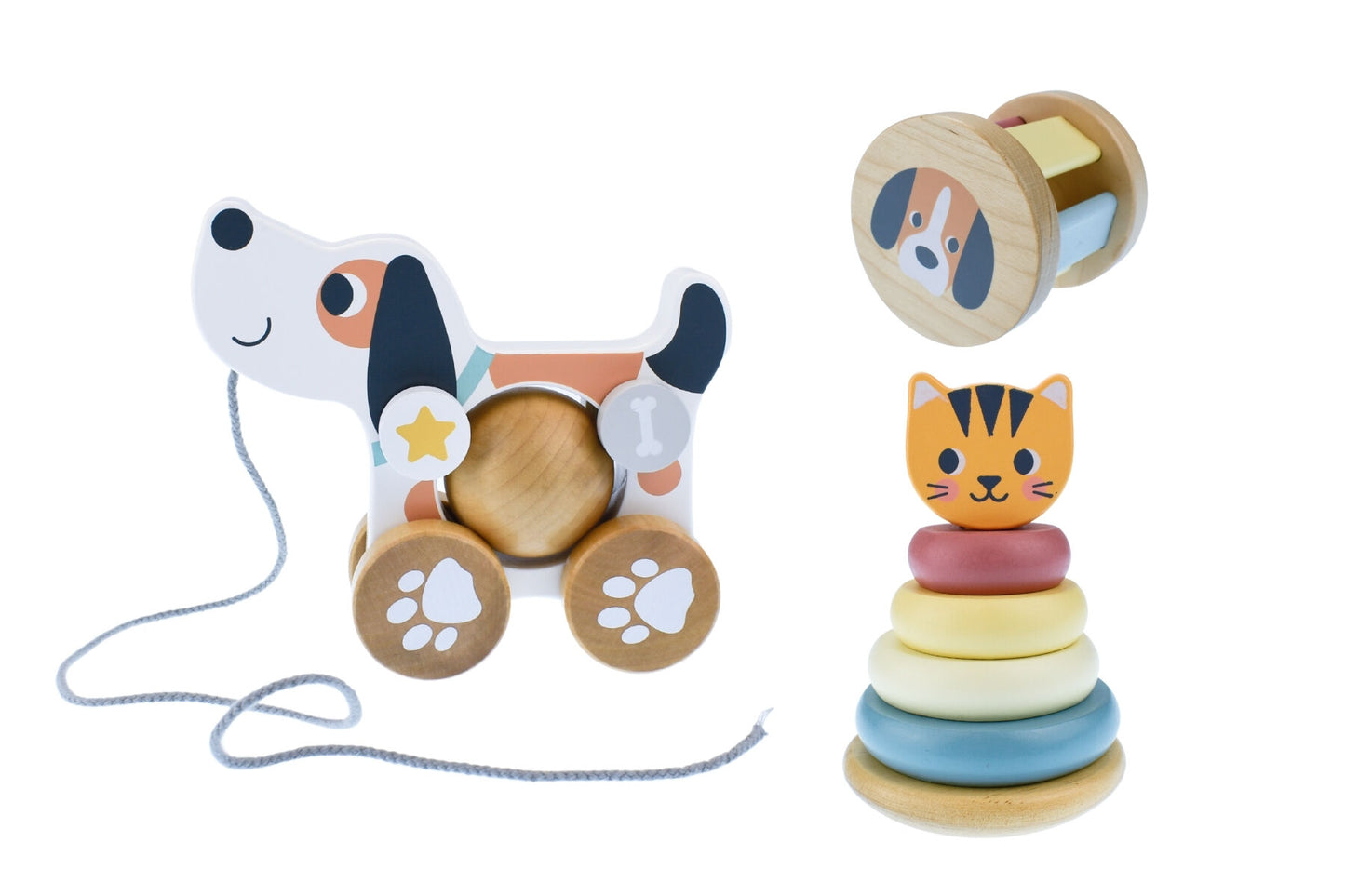 3 IN 1 WOODEN BABY RATTLE GIFT SET - CAT & PUPPY DOG