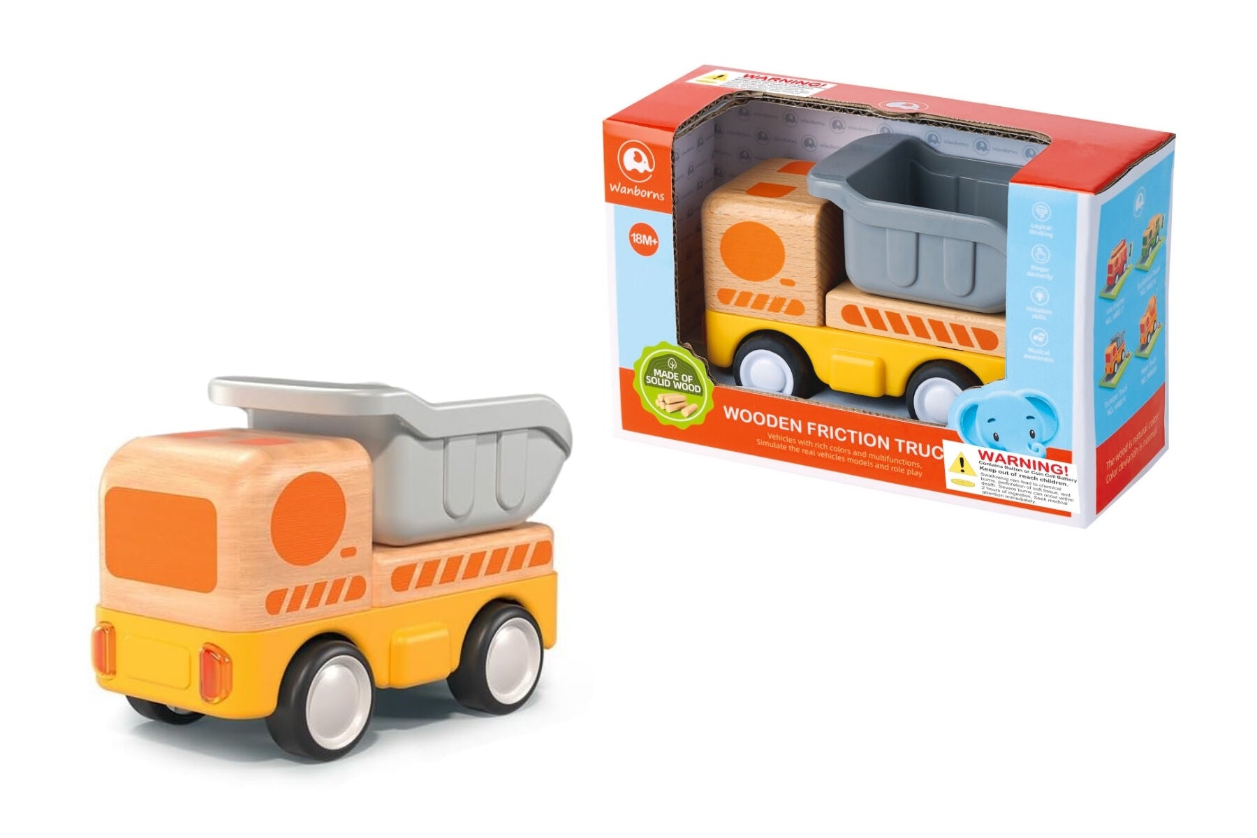 WOODEN FRICTION DUMP TRUCK WITH SOUND AND LIGHT