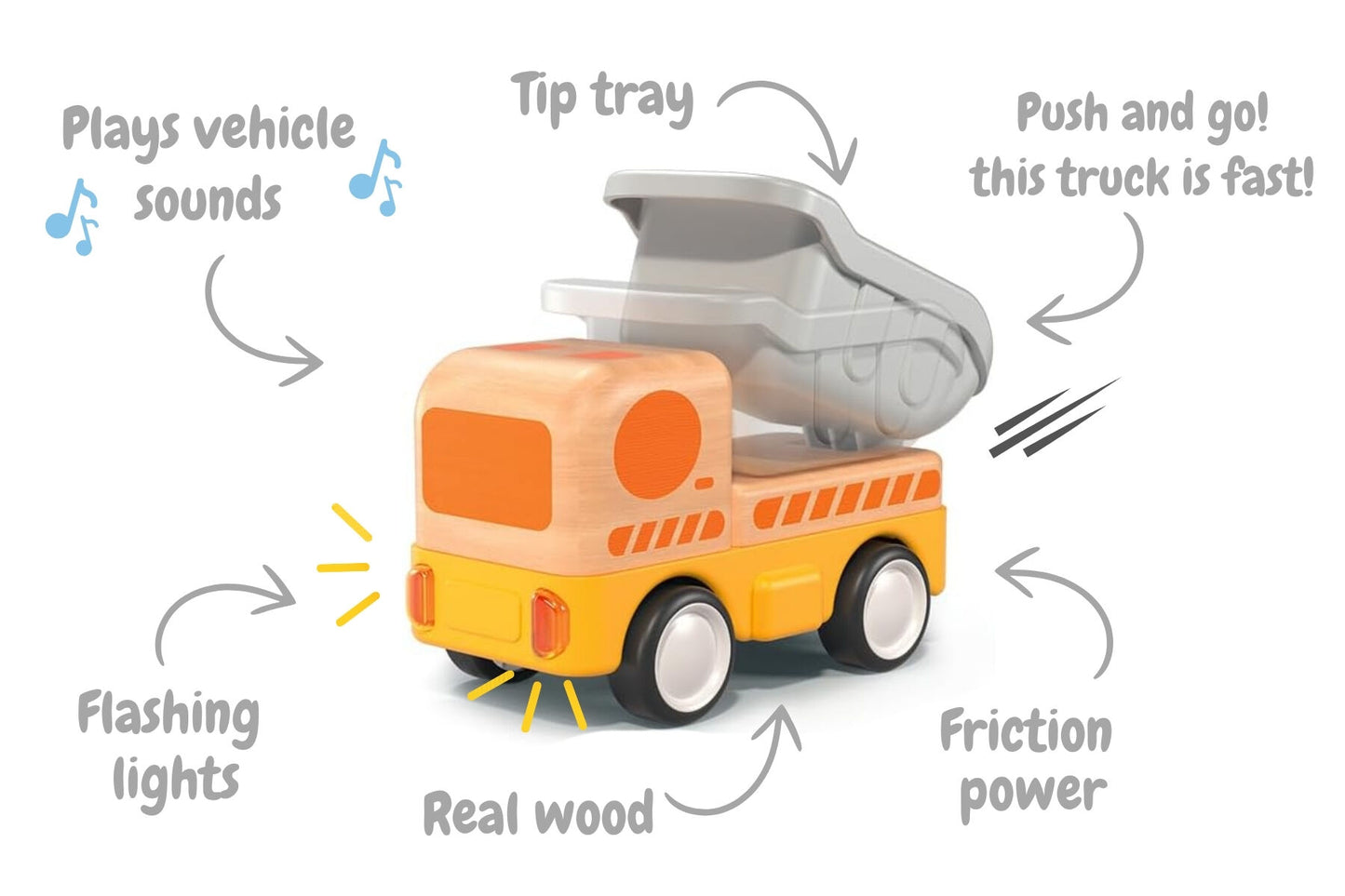 WOODEN FRICTION DUMP TRUCK WITH SOUND AND LIGHT