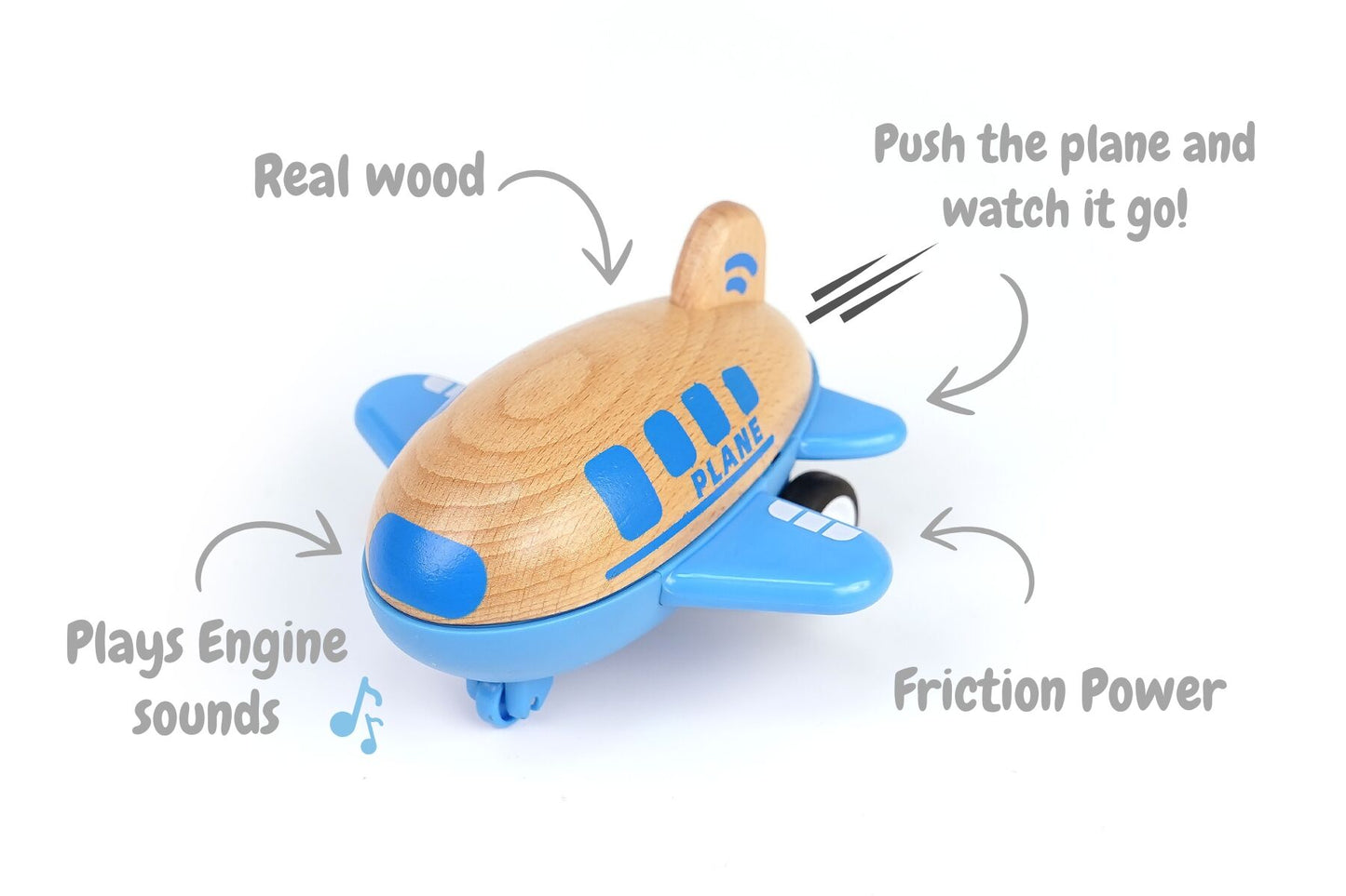 WOODEN RACER PLANE AIRPLANE WITH SOUND- BLUE