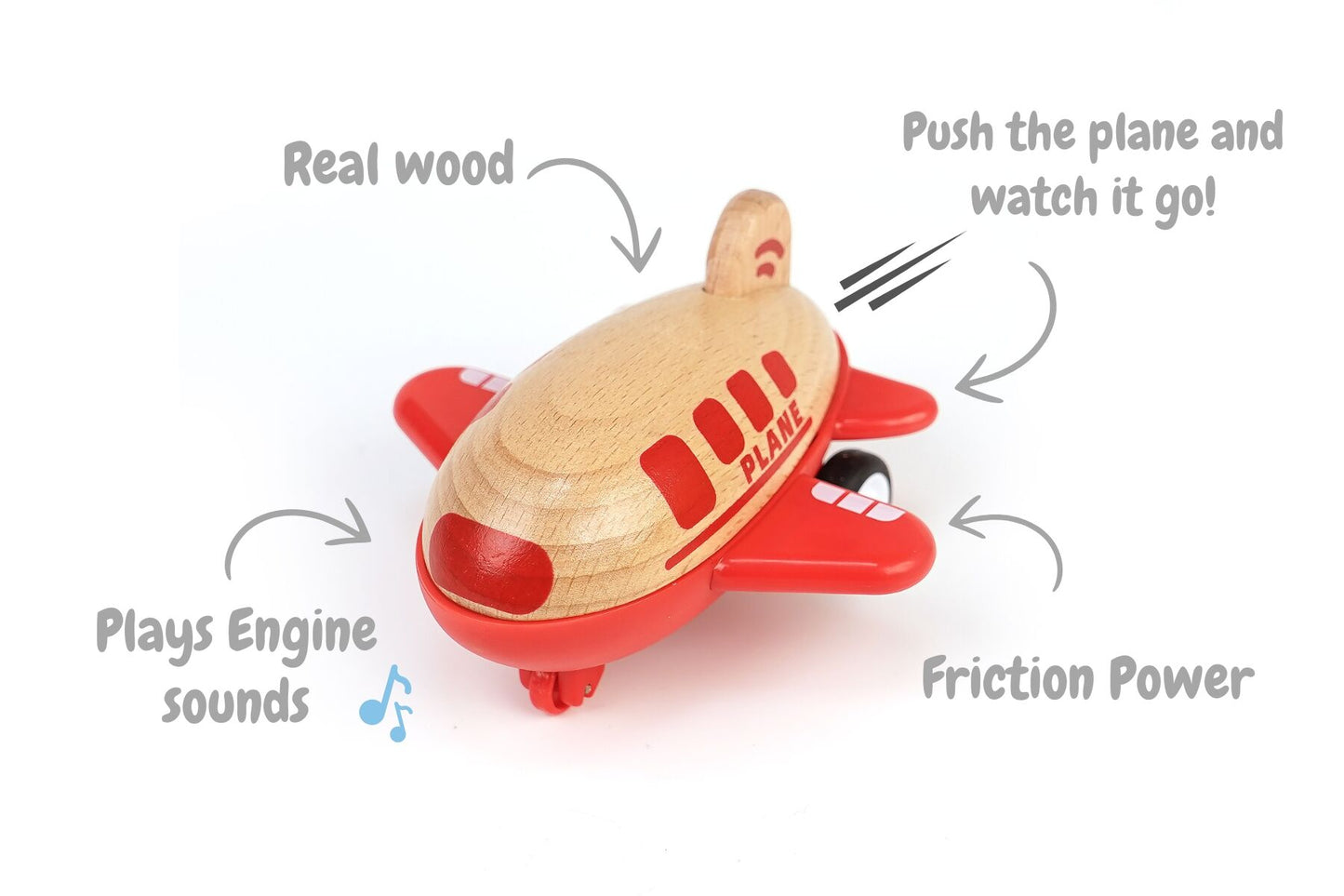 WOODEN RACER PLANE AIRPLANE WITH SOUND- RED