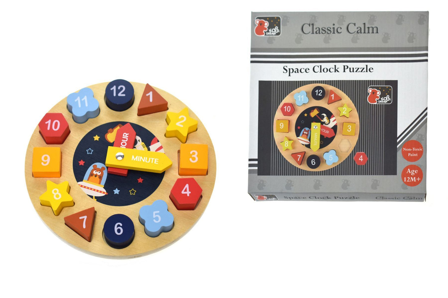 SPACE CLOCK WOODEN SHAPE SORTER AND PUZZLE