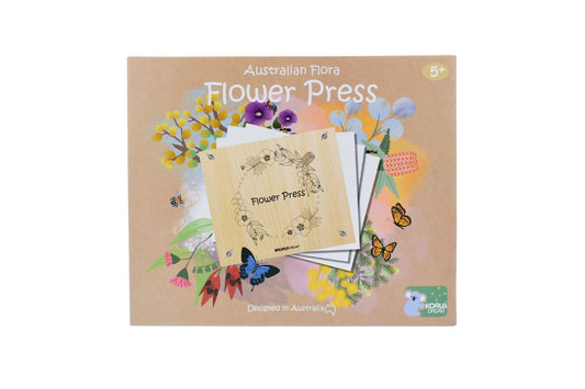 Calm & Breezy Australian Flora Flower Press Craft Kit by Kaper Kidz with colorful pressed flowers and crafting tools.