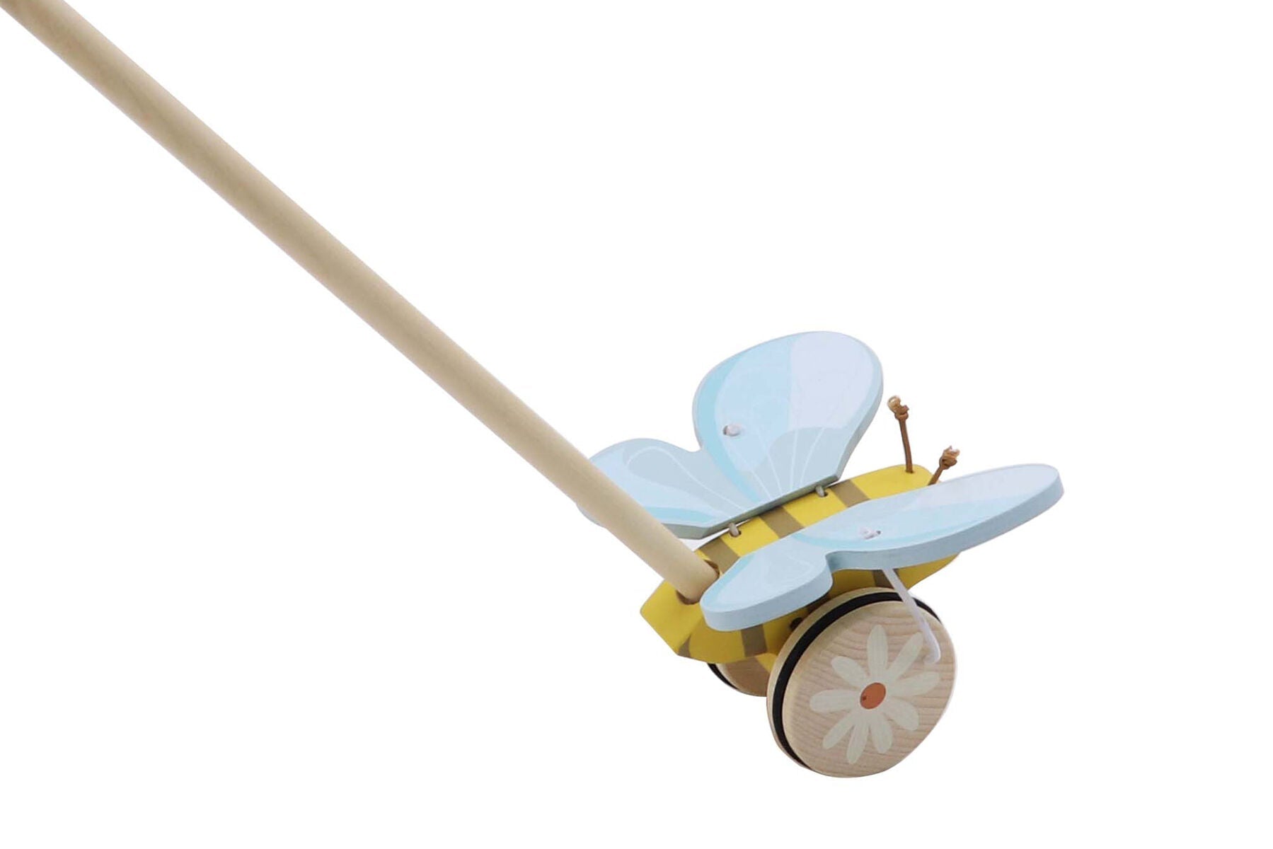 Wooden bee push toy for kids, branded Kaper Kidz Calm & Breezy, designed for young children to push and play with.