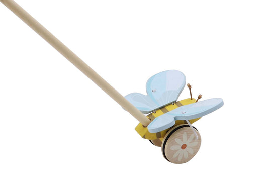 Wooden bee push toy for kids, branded Kaper Kidz Calm & Breezy, designed for young children to push and play with.