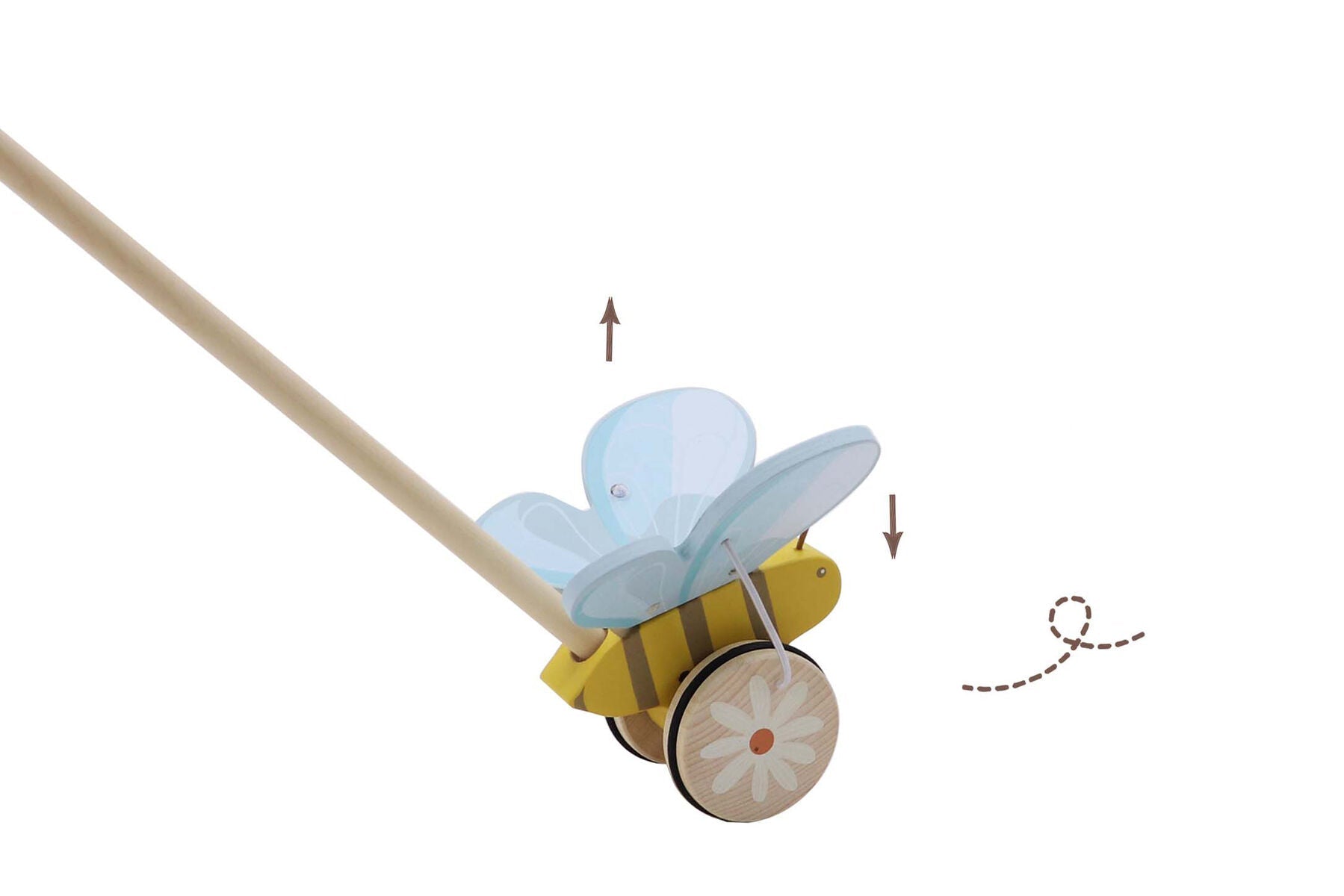 Wooden Bee Push-a-Long toy from Kaper Kidz, made of smooth wood with colorful bee design, ideal for young children.