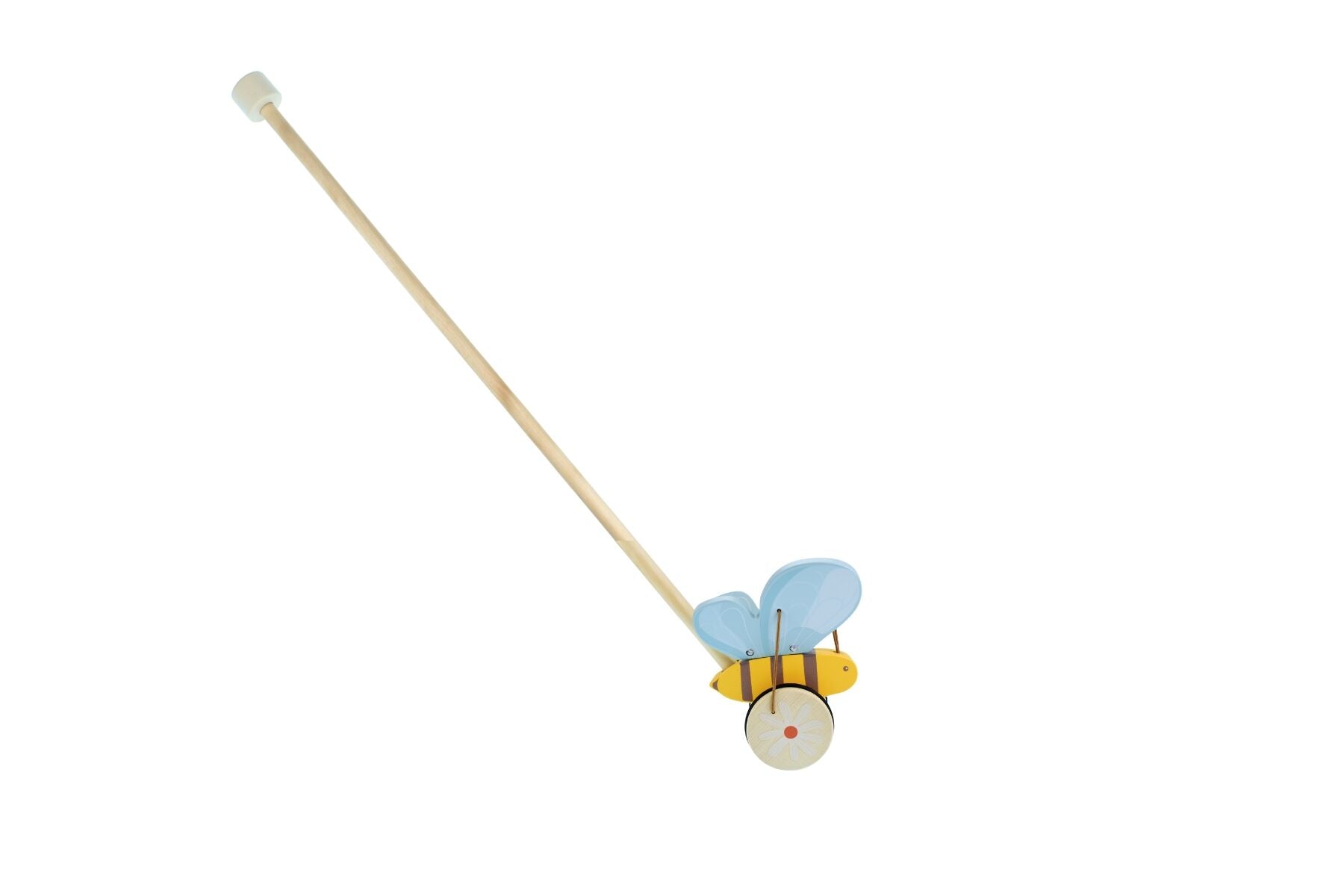 Wooden bee push-a-long toy by Kaper Kidz, featuring a colorful bee design with a string for toddlers to pull and enjoy.