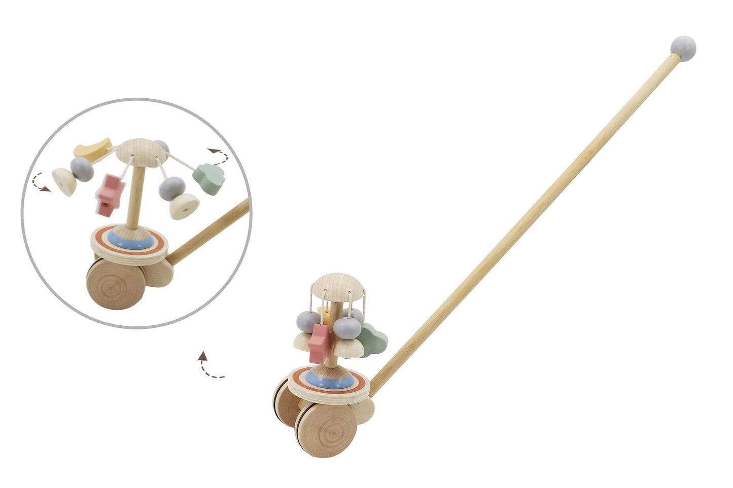 Kaper Kidz Calm & Breezy push-along spinning carousel with colorful animal figures for children to play with and spin.