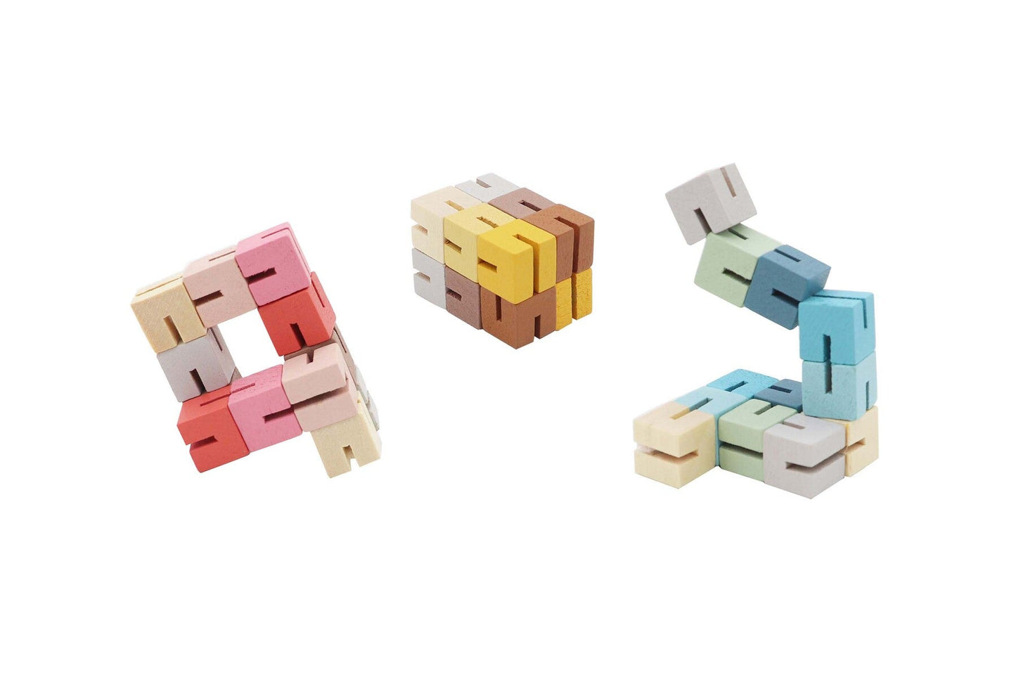 Set of three Calm & Breezy Twist & Lock Blocks by Kaper Kidz, colorful interlocking building blocks for children.