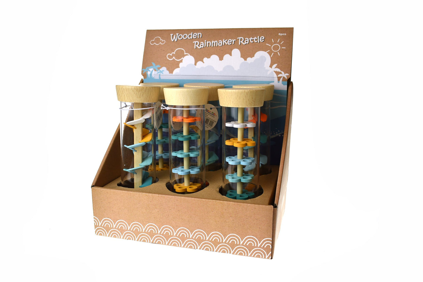 Calm & Breezy Wooden Rainmaker Blue Breeze by Kaper Kidz showing a colorful wooden rainstick with beads inside for sound.