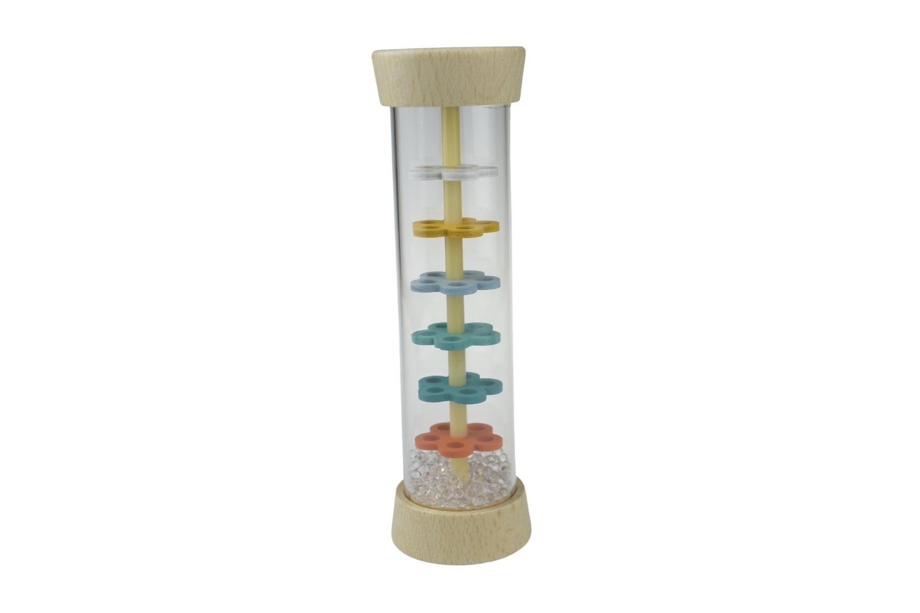 Calm & Breezy Wooden Rainmaker by Kaper Kidz in blue with colorful beads and wooden tubes for sensory play.