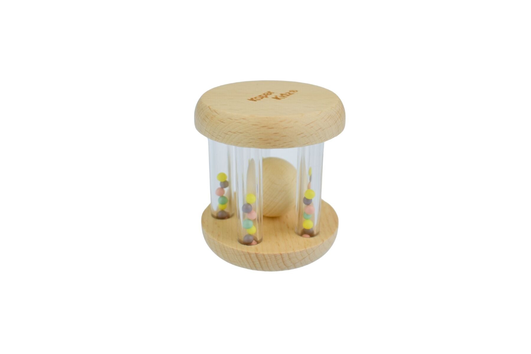 Calm & Breezy wooden baby rattle with colorful rainbow bead by Kaper Kidz, featuring smooth wood and vibrant bead accents.
