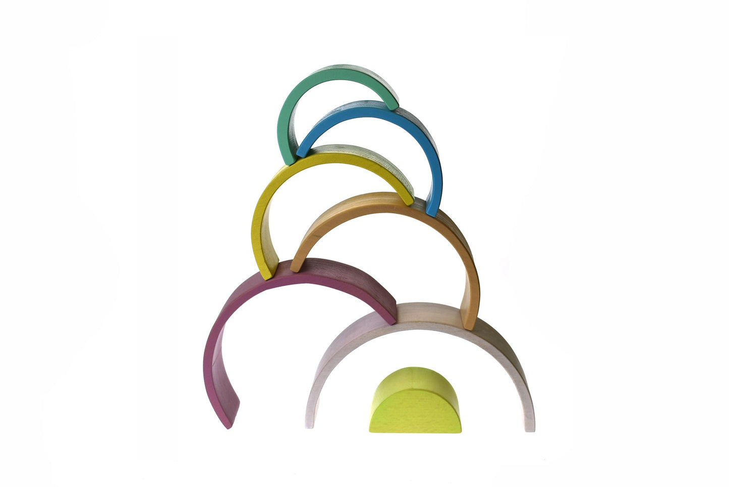 Vintage wooden stacking rainbow toy by Calm & Breezy, designed for children, with colorful, smooth, natural wood finish by Kaper Kidz.