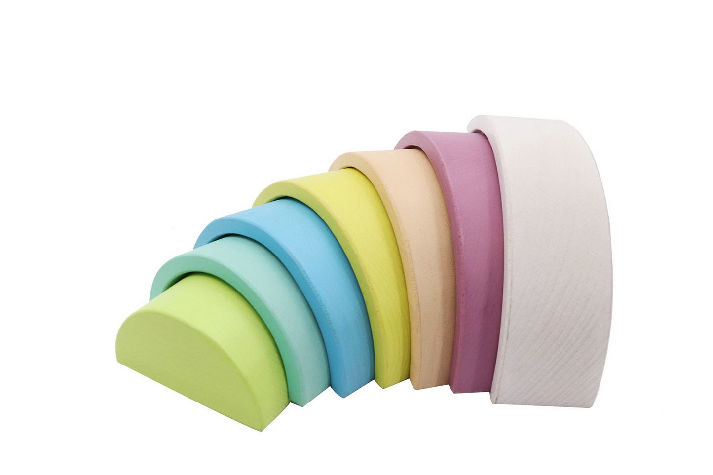 Vintage wooden stacking rainbow toy by Calm & Breezy for Kaper Kidz, featuring colorful, curved wooden arches in a classic design.
