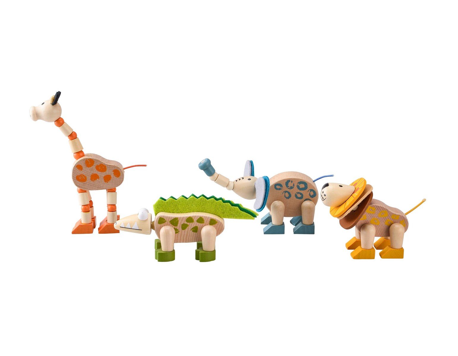 Set of four wooden jungle animal figures from Calm & Breezy by Kaper Kidz, featuring colorful, handcrafted animal designs for kids.