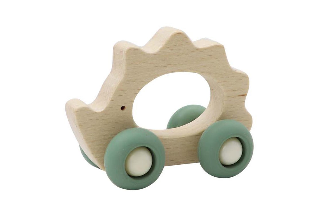 Kaper Kidz Calm & Breezy wooden Echidna toy with silicone wheels for kids' play and sensory fun.