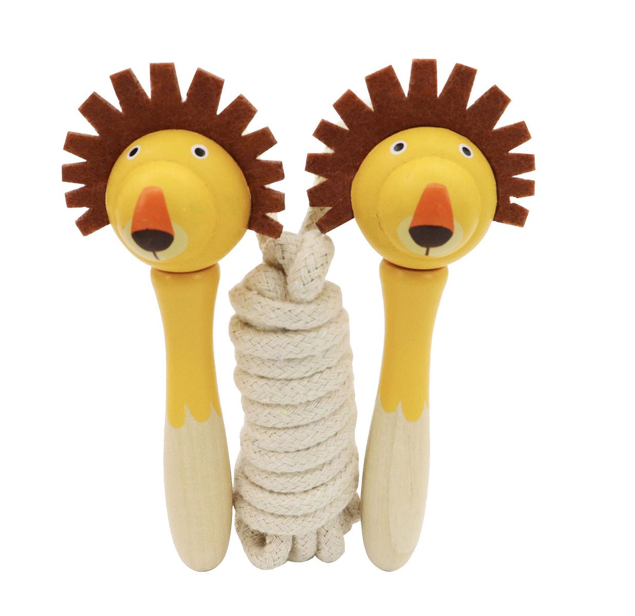 Wooden skipping rope set with jungle animal designs by Kaper Kidz, includes four colorful animal-themed jump ropes for kids.